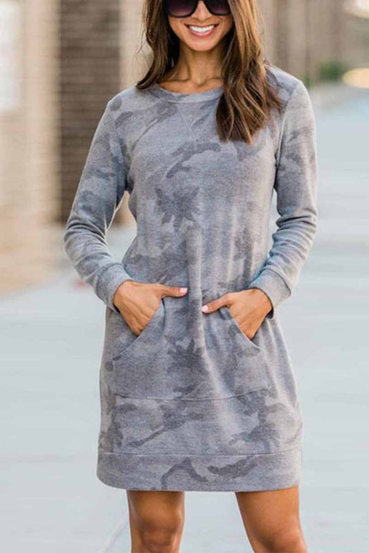 Florcoo Casual Loose Round Neck Camouflage Mini Dress