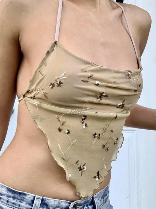 Y2K Backless Floral Retro Halter Tie Up Off Shoulder Summer Cute Mini Vest Streetwear 2024 Crop Top