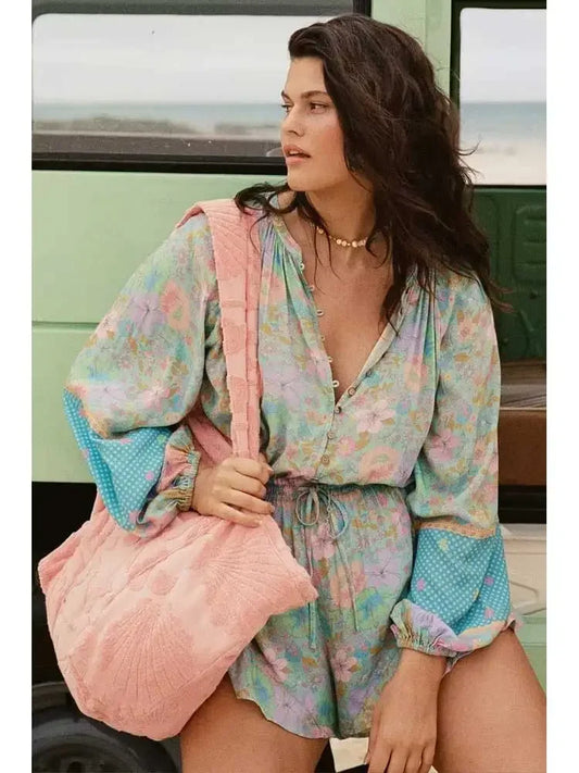 Floral Tie Vneck Long Sleeve Romper