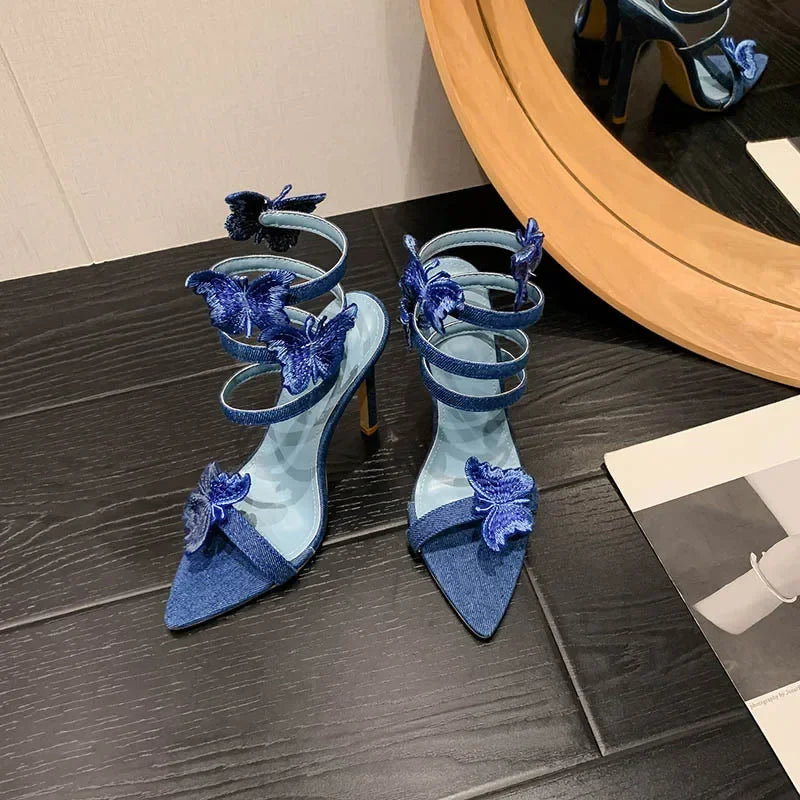 Exquisite Peep Toe Pointed Head Embroidery Butterflyknot Wrapped Thin High Heel High Heel