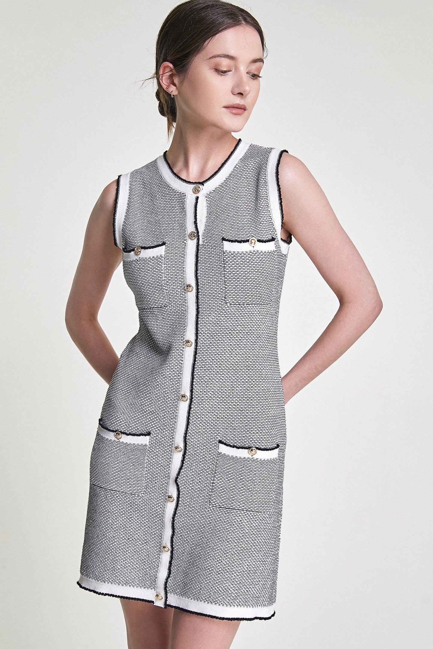 Grey Sleeveless Button Front Pocket Detail Knitted Mini Dress