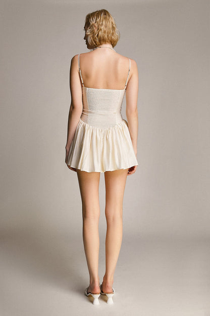 Ivory Ruched Sweetheart Neck Spaghetti Strap Mini Dress