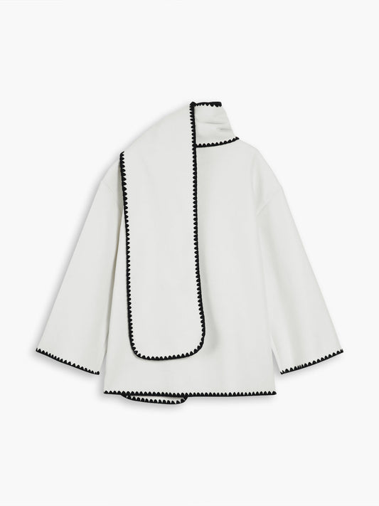Double Pockets Embroidered Trim Coat With Matching Scarf