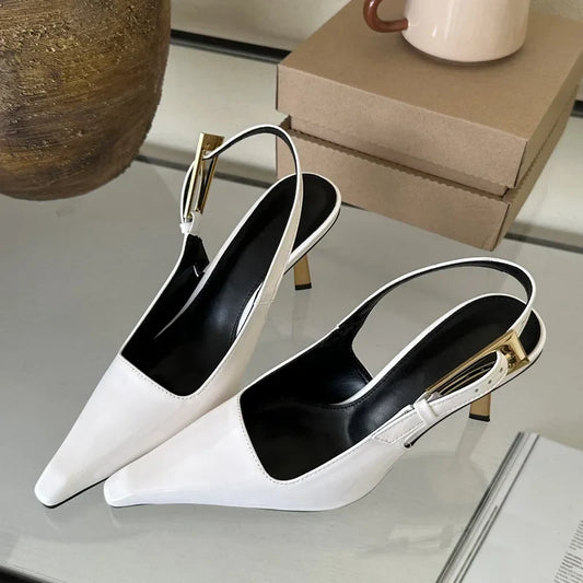 Street Style  Pointed Toe Metal Buckle Strap Women Stripper Slingback High Shoes Low Heel Pumps