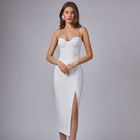 Sleeveless Mid Waist White Solid Color Sling Simple Dress Metal Corsage Annual Party Evening Dress
