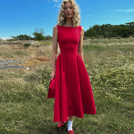 Solid Color Sleeveless Waist Slim Backless Dress