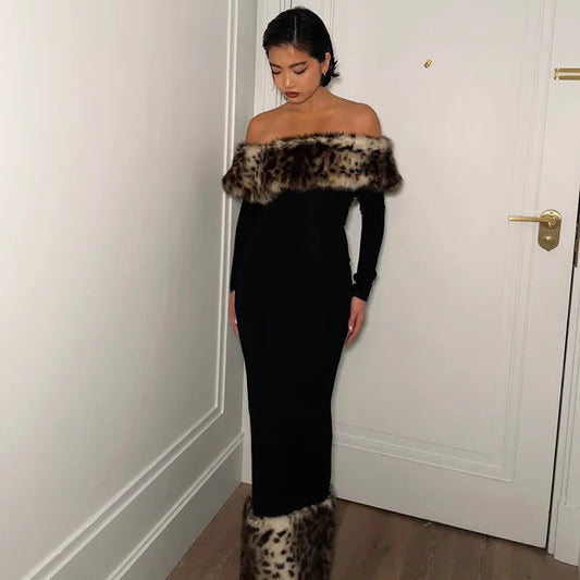 Leopard Print Fluff Splicing Maxi Dress