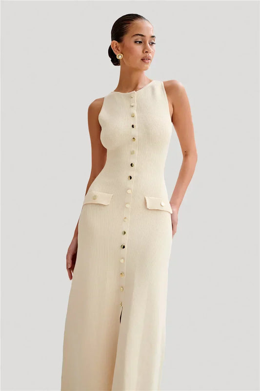 Knit Maxi Dress with Pockets Button - Front