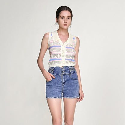 Ivory Striped Button-Up Knitted Collar Vest