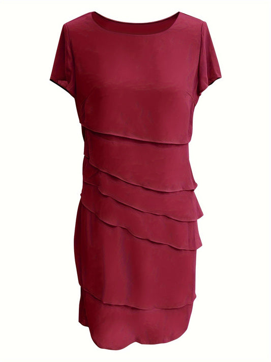 Amadis Minimalist Cotton Layered Trim Round Neck Short Sleeve Evening Dress for Women Premium Wardrobe Essential